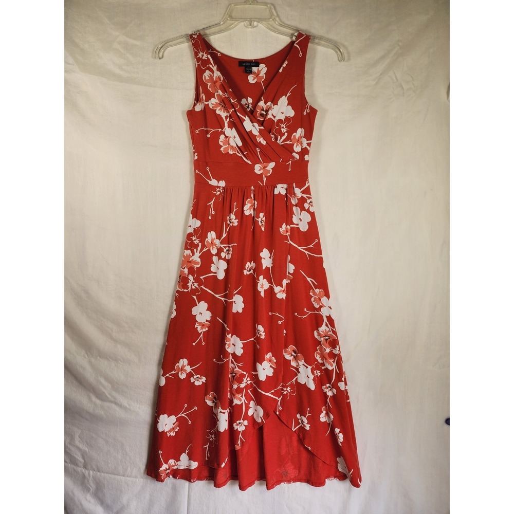 Lands End Womens XXS Petite Red Dress Floral Faux Wrap Cottagecore Romantic
